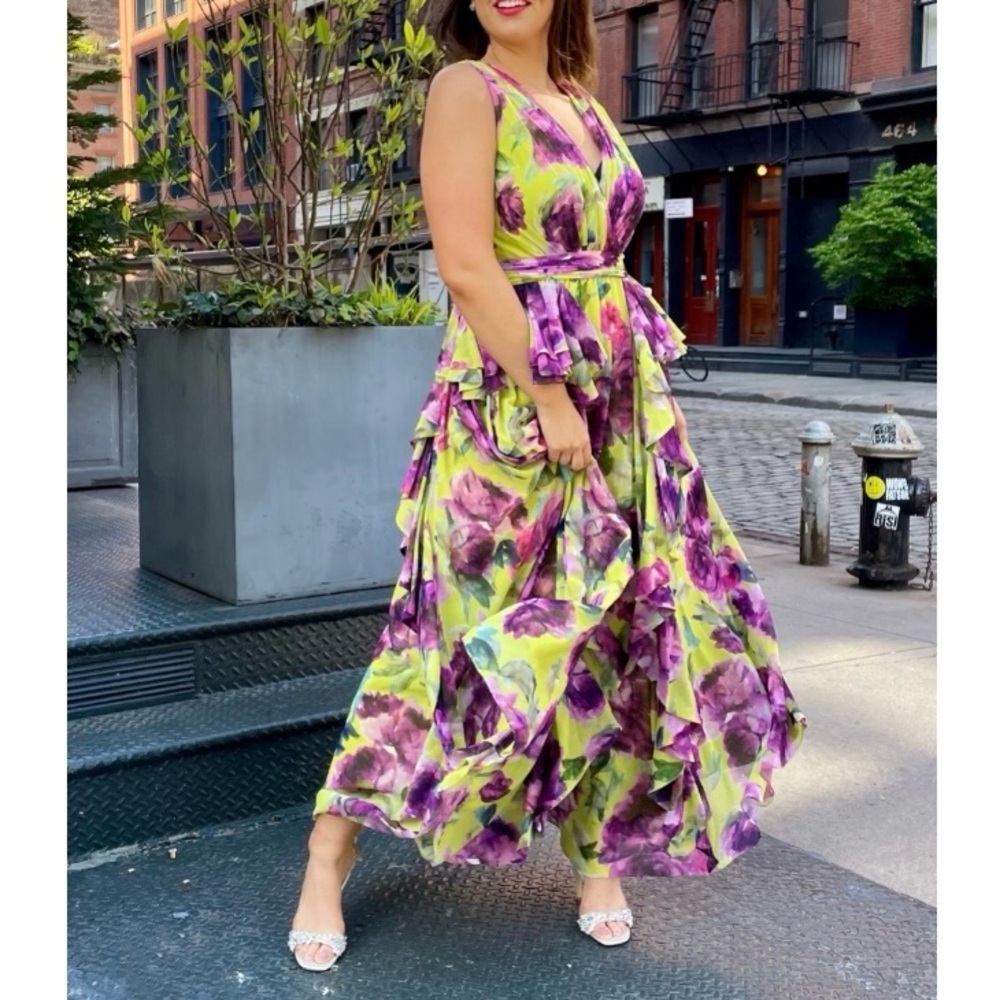 Badgley Mischka Floral Ruffle V-Neck Gown yellow multi